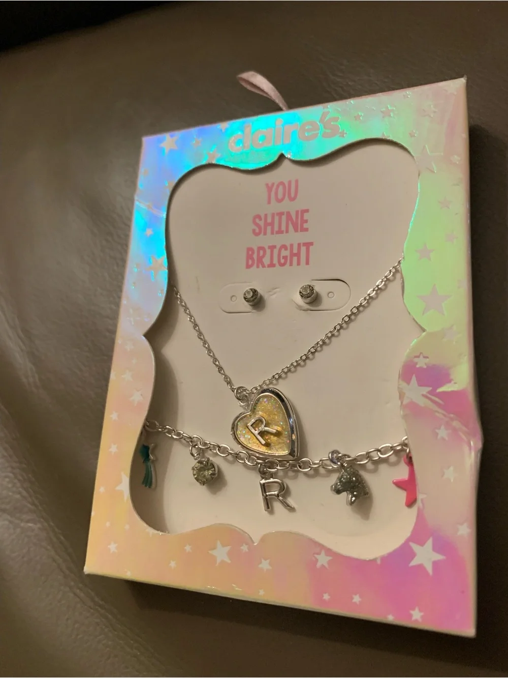 Claire's Silver Locket Heart 🤍 Initial “R” Charm Jewelry Set of 3 -